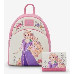 NEW Loungefly Disney Tangled Rapunzel Flowers Pink Florals Backpack & WALLET SET